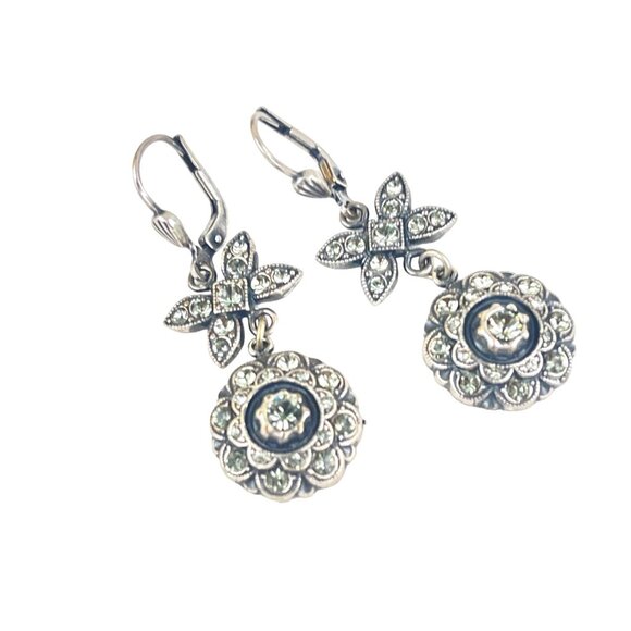 Vintage Sterling Silver Crystal Floral & Butterfly Dangle Earrings - Picture 2 of 7